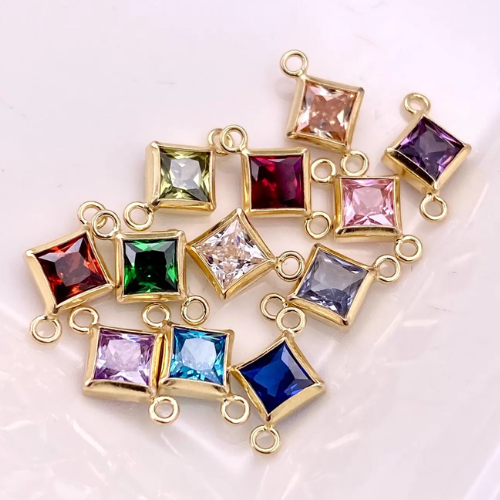 Gold Connector: April Birthstone, Diamond  (CZ), Princess Cut, 4mm