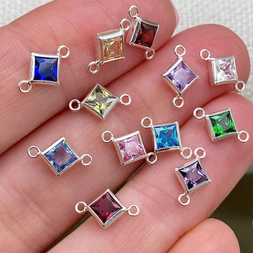 Silver Connector: March Birthstone, Aquamarine (CZ), Princess Cut, 4mm